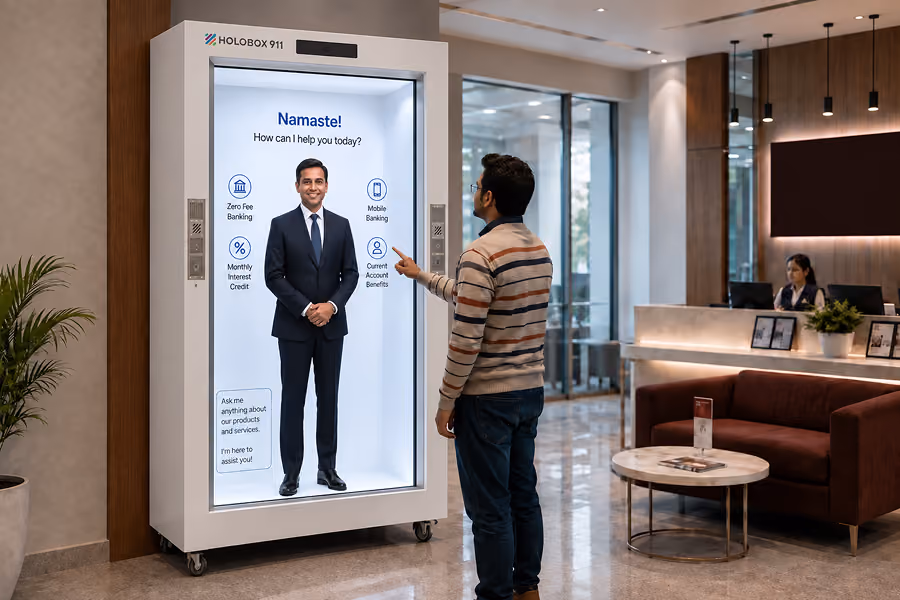 HoloBox911 AI avatar installation in a modern corporate office