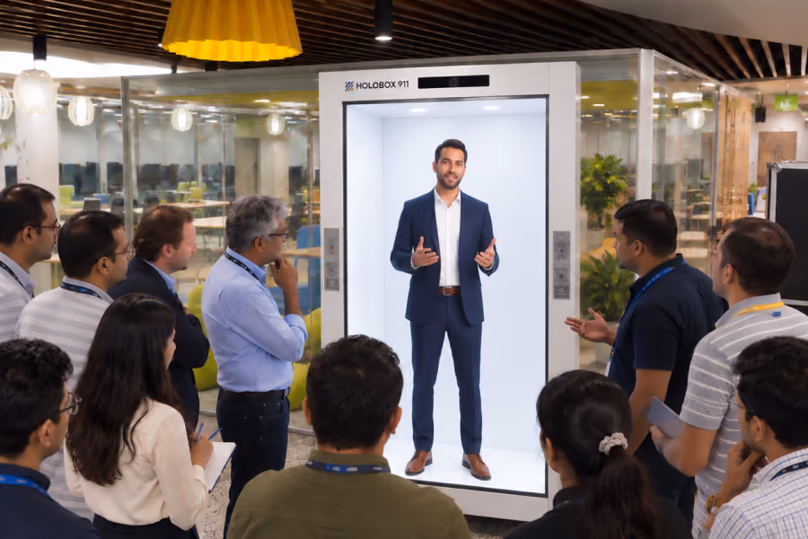 Life-size executive hologram presentation using HoloBox911 for corporate meetings