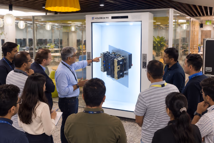 Interactive 3D product hologram demonstration with HoloBox911 for corporate training