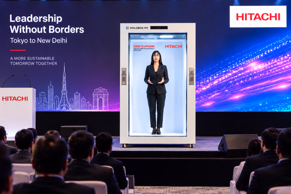 A Hitachi leader appearing as a life-size 3D hologram on a HoloBox911 display