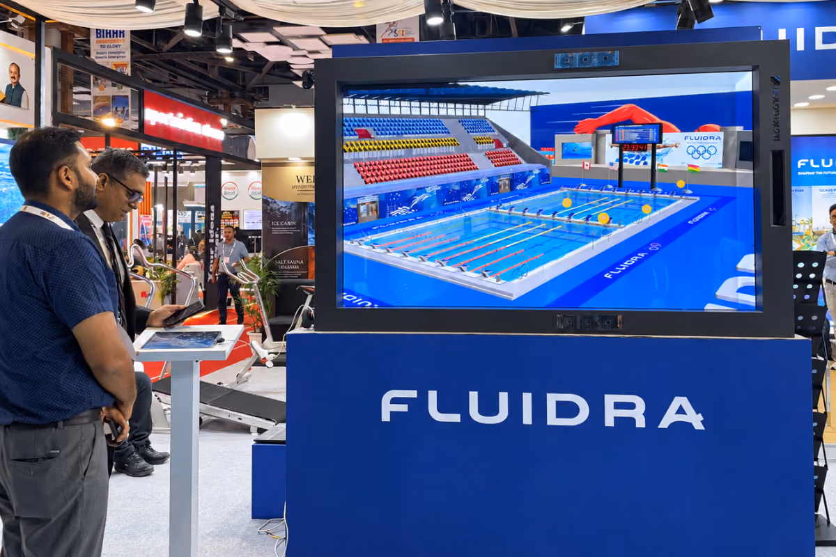 An Olympic pool shown as a 3D hologram on the HoloBox911 display at SFI Expo 2026