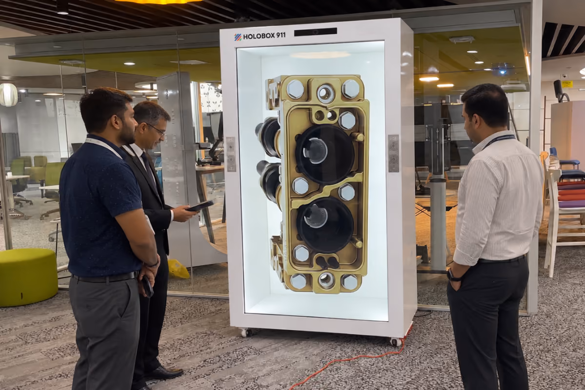 A pool plant room shown as a 3D hologram on the HoloBox911 display at SFI Expo 2026