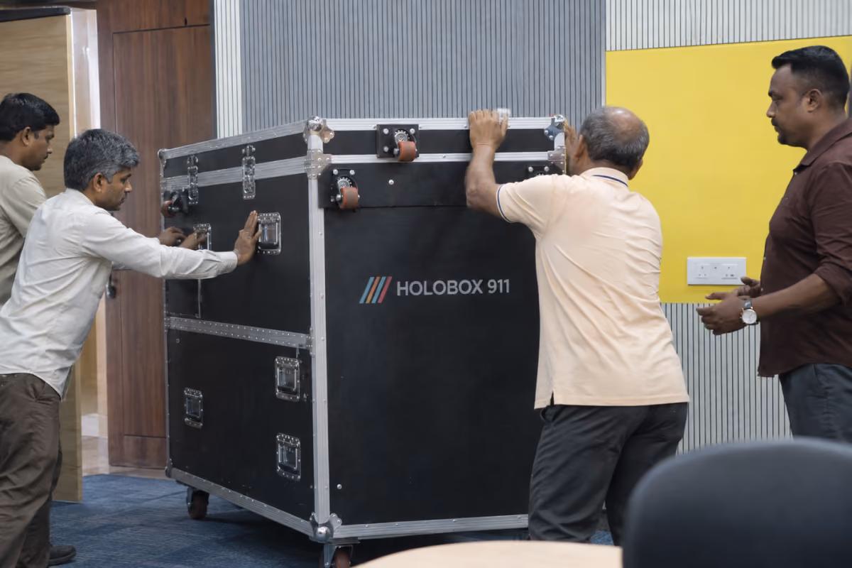 The full HoloBox911 unit standing on the Fluidra stand at SFI Expo 2026, Bharat Mandapam
