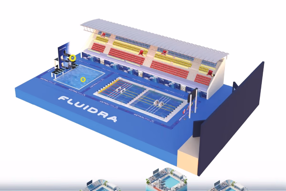 The diving pool scene on the HoloBox911 screen at SFI Expo 2026