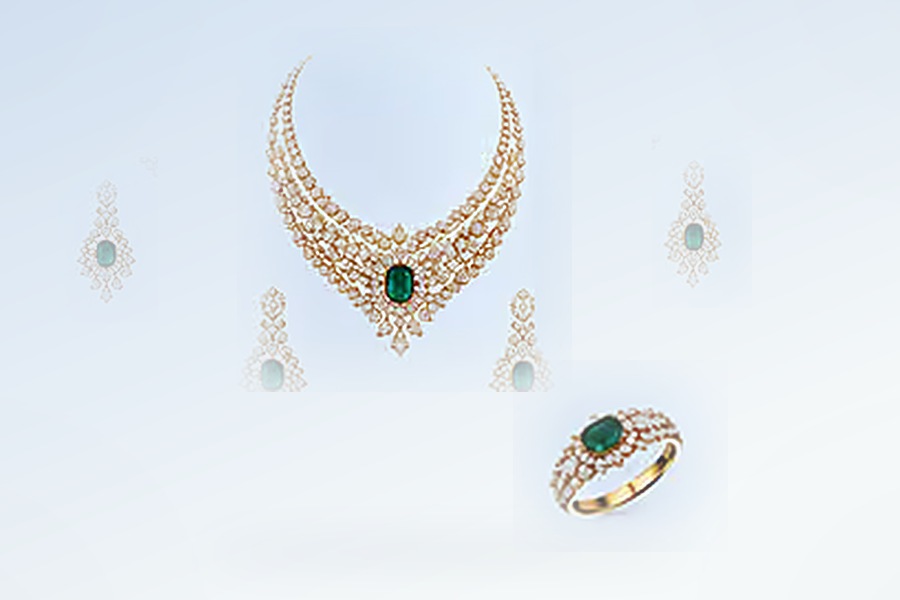Concept visual: complete jewellery suite of necklace, earrings and ring composed as one collection