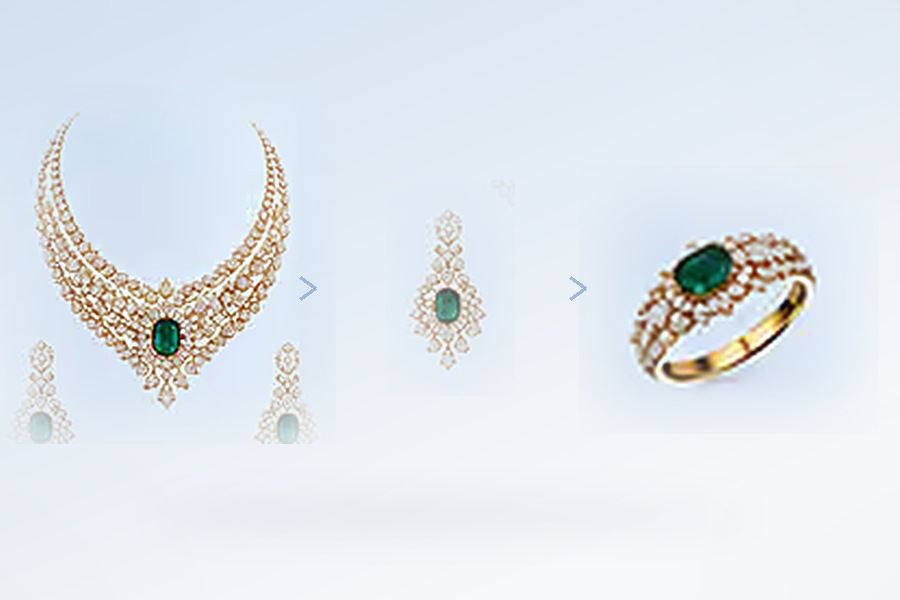Concept visual: necklace, earring and ring shown in sequence as a visual journey through a collection
