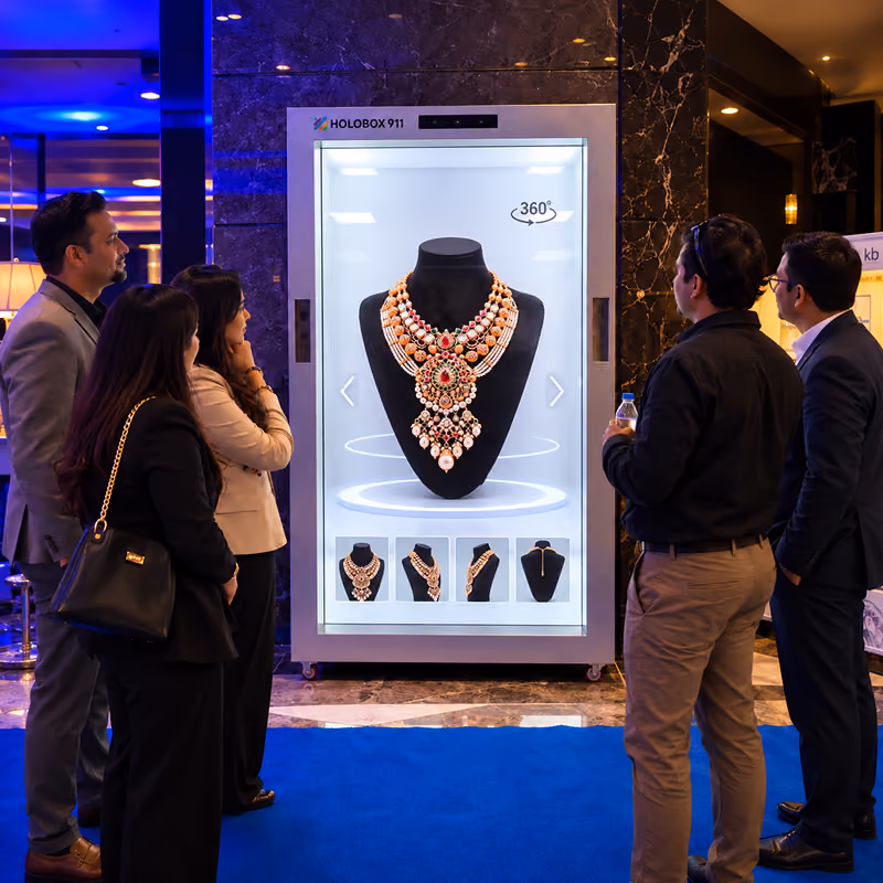 Visitors watching a 360 degree necklace showcase on a HoloBox911 display at COUTURE INDIA 2026, New Delhi