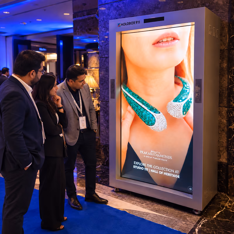 Visitors viewing an emerald and diamond necklace on a HoloBox911 display at COUTURE INDIA 2026, New Delhi