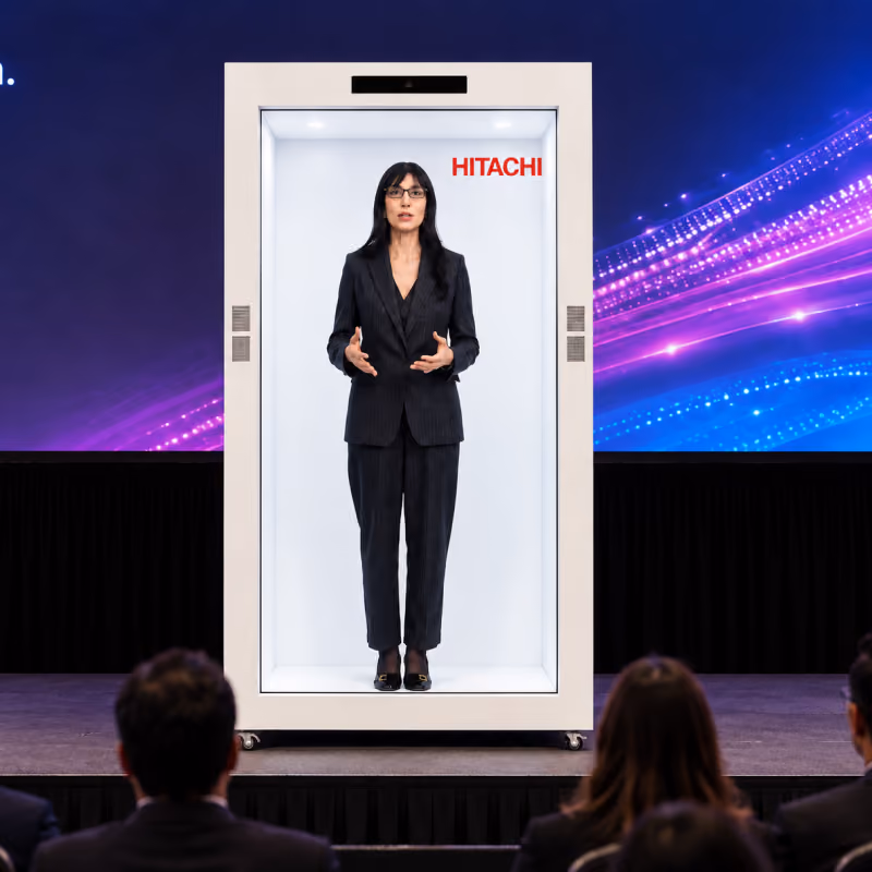 Delegates seated for a stage keynote at the Hitachi corporate event in New Delhi, with the holographic display unit on stage