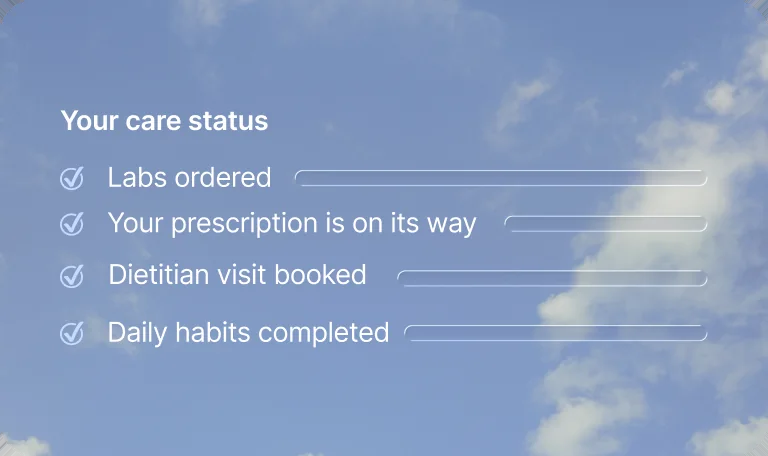 Care status checklist showing labs ordered and prescription on its way