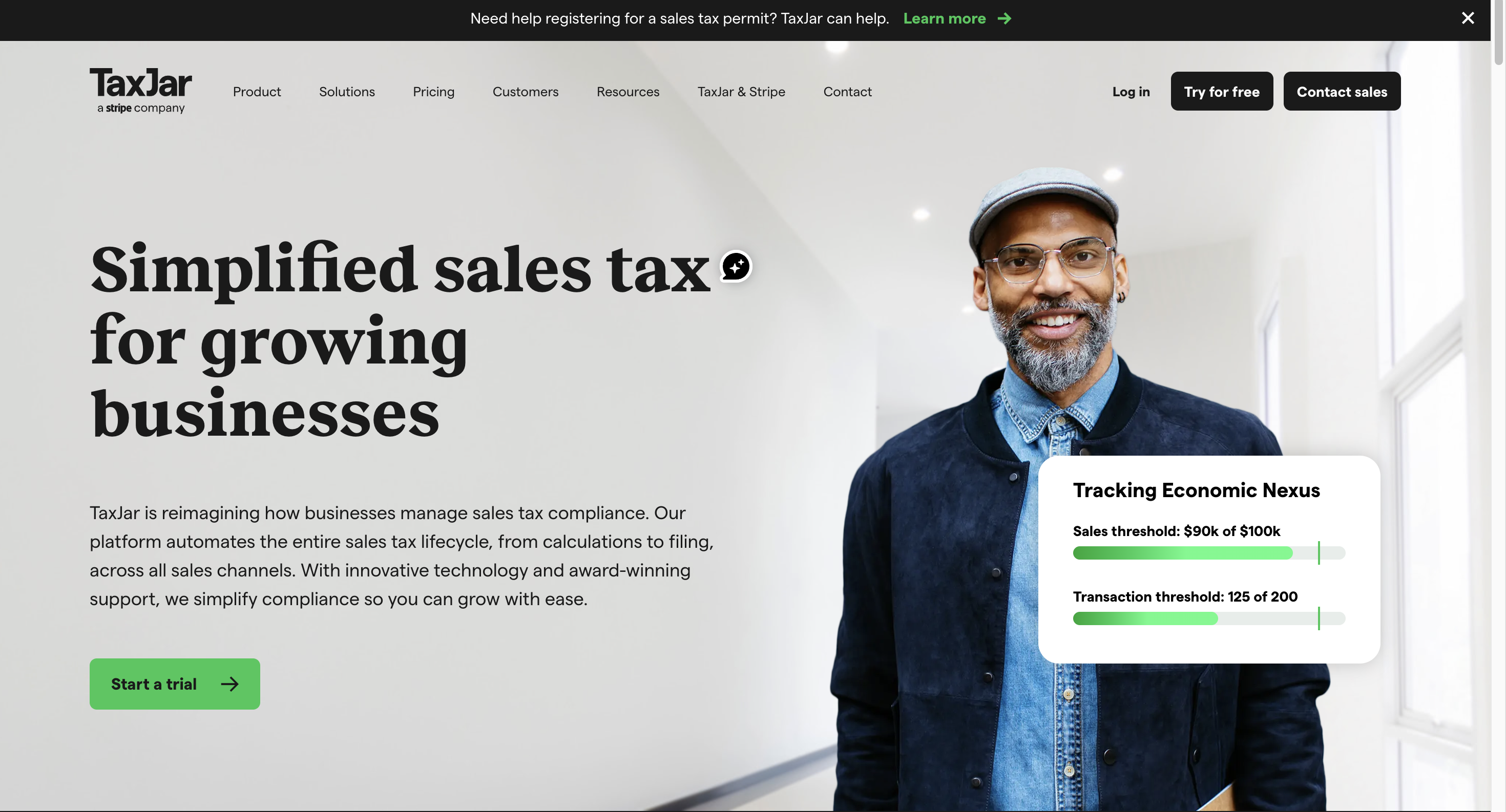 A screenshot showing taxjar's home page