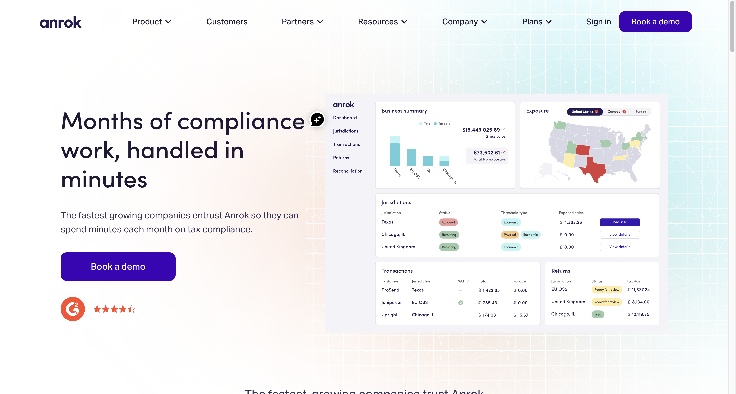 A scrrenshot showing anrok's home page