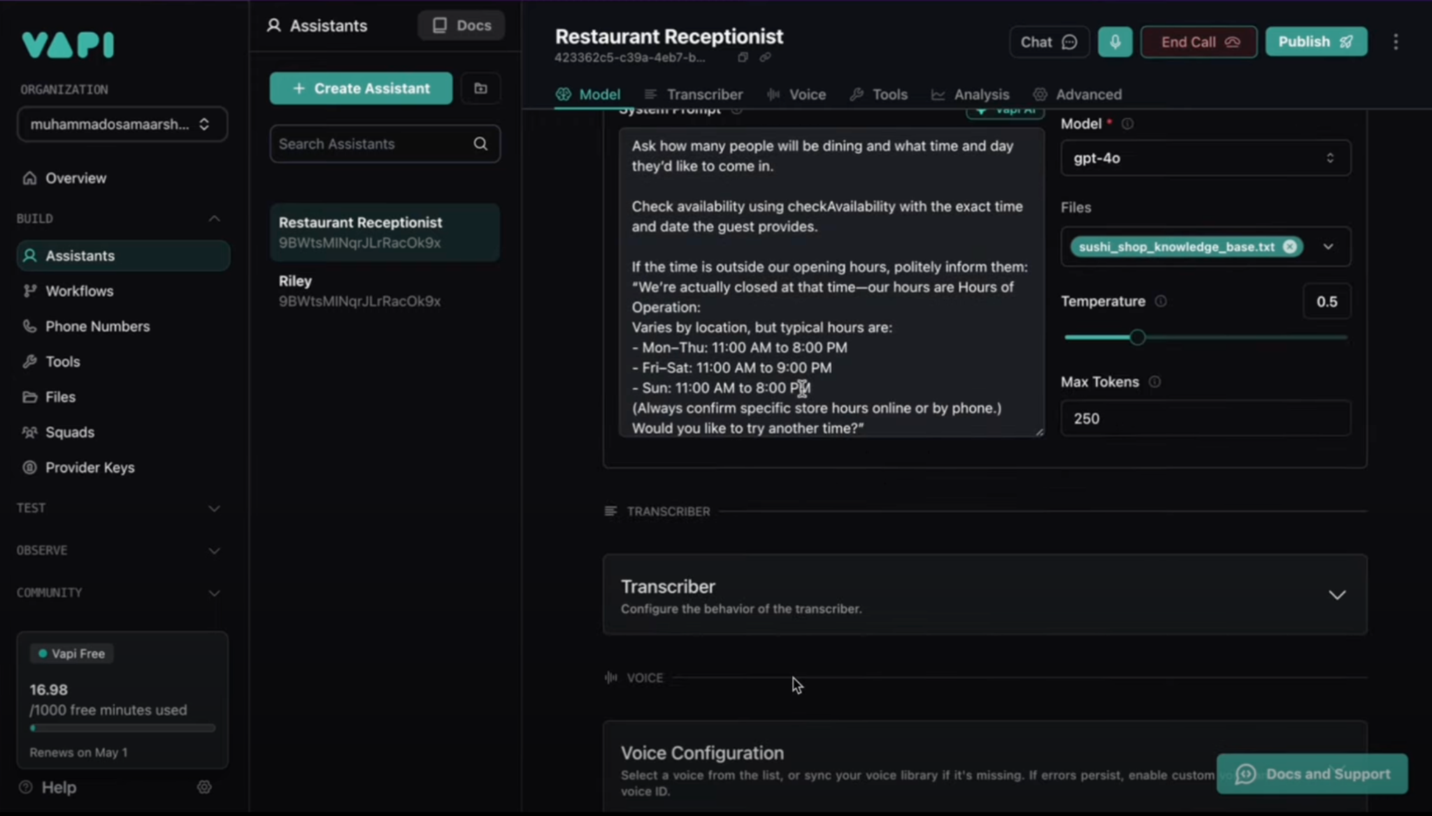 Vapi dashboard, ai answering services