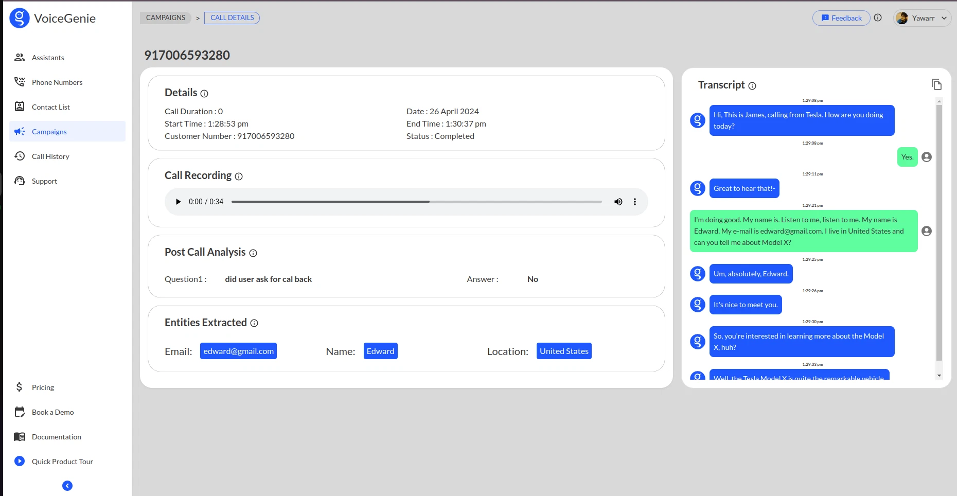 Voicegenie dashboard, ai answering services