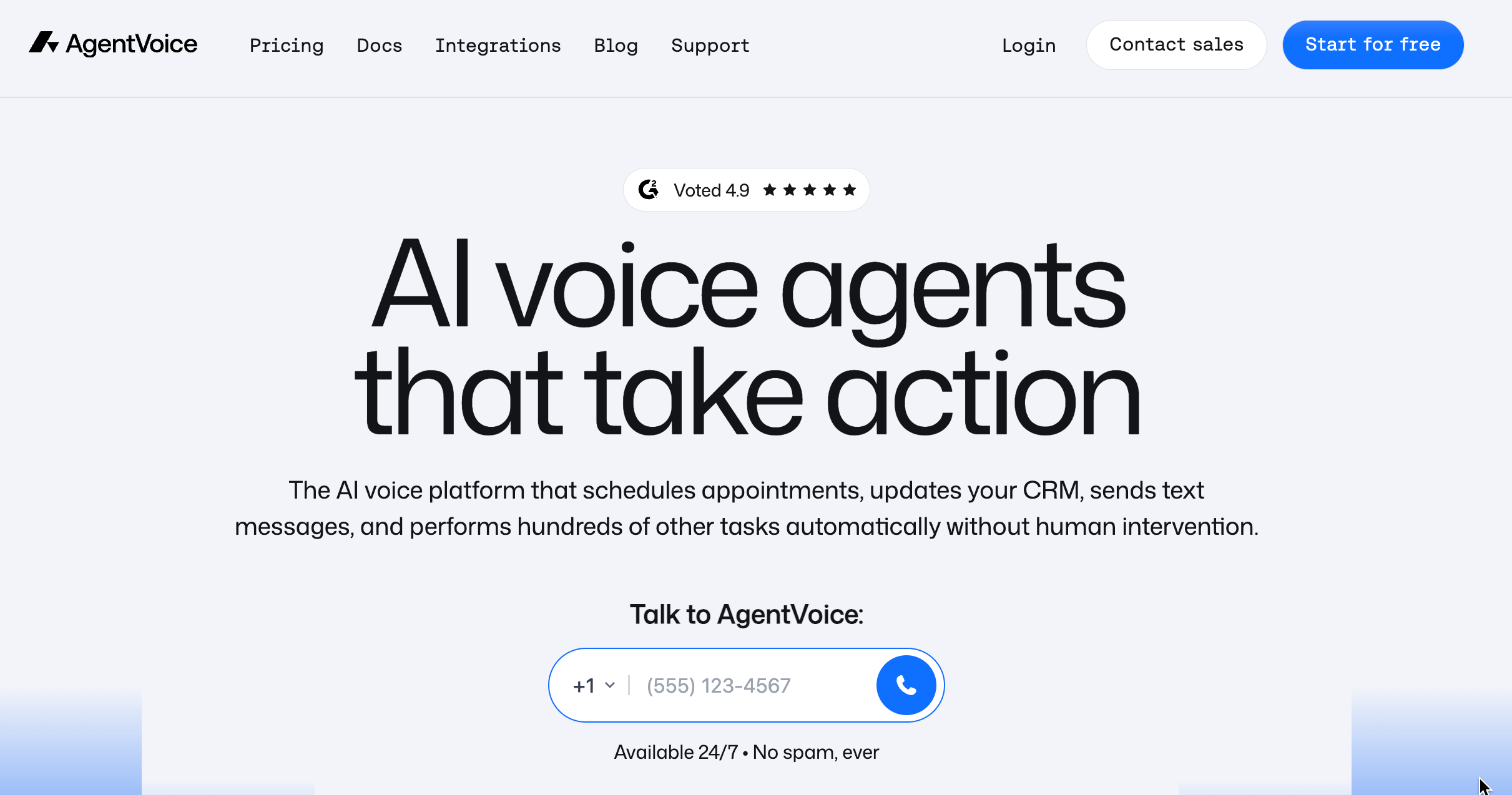 AgentVoice home page. AI voice agents that take action.