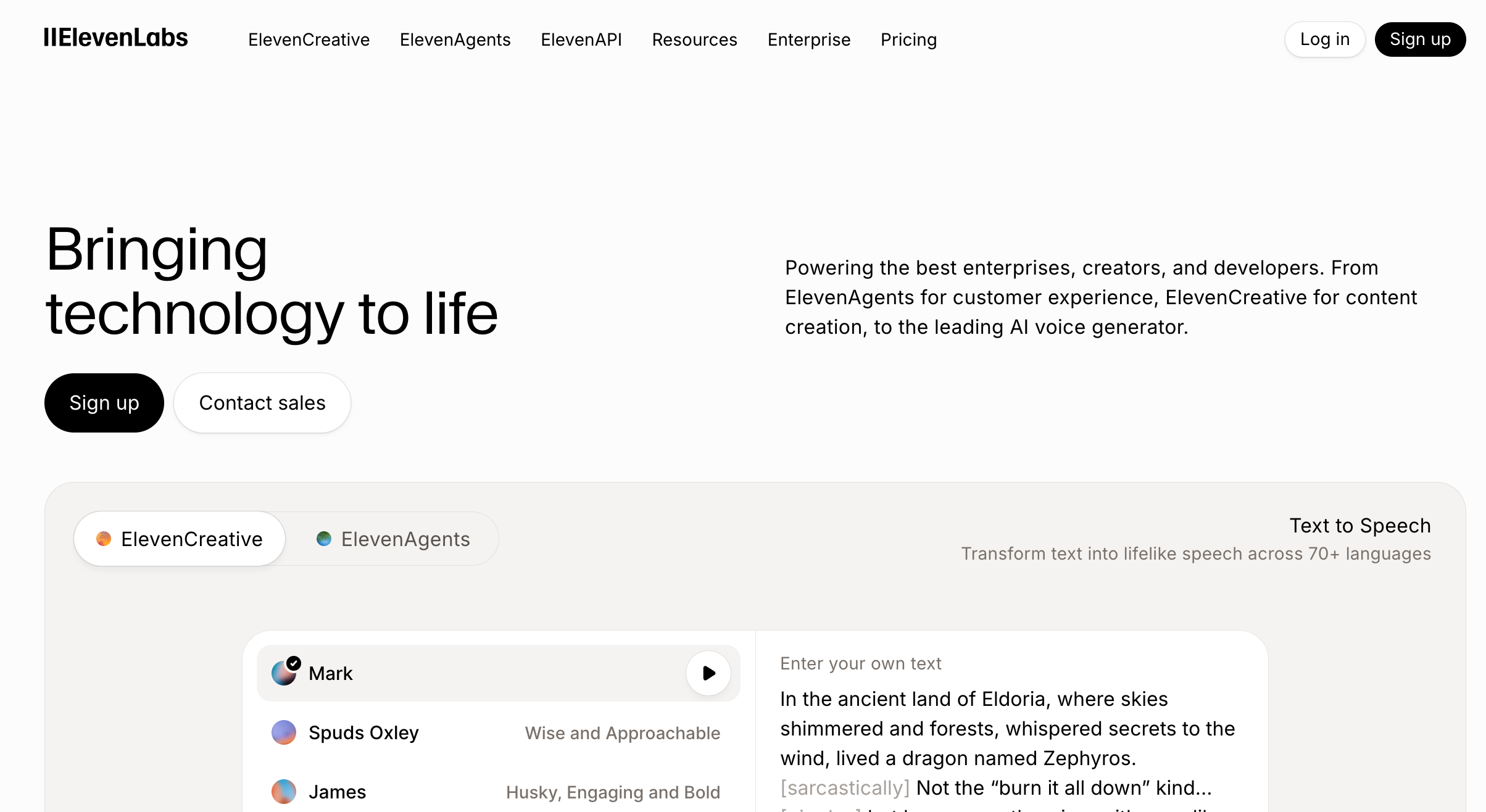 ElevenLabs AI voice agent home page