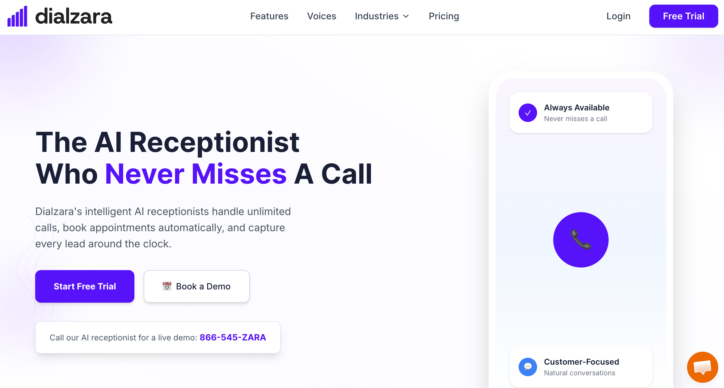 Dialzara AI receptionist home page
