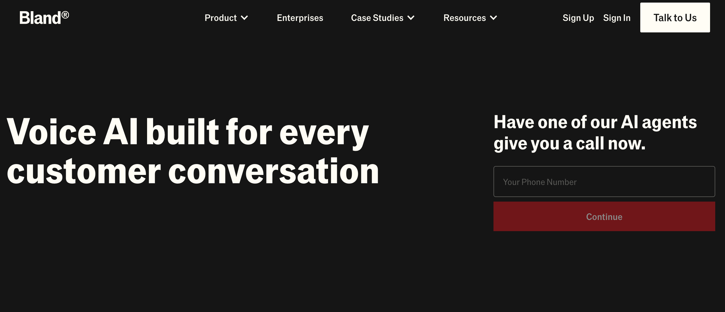 Bland voice AI agent home page