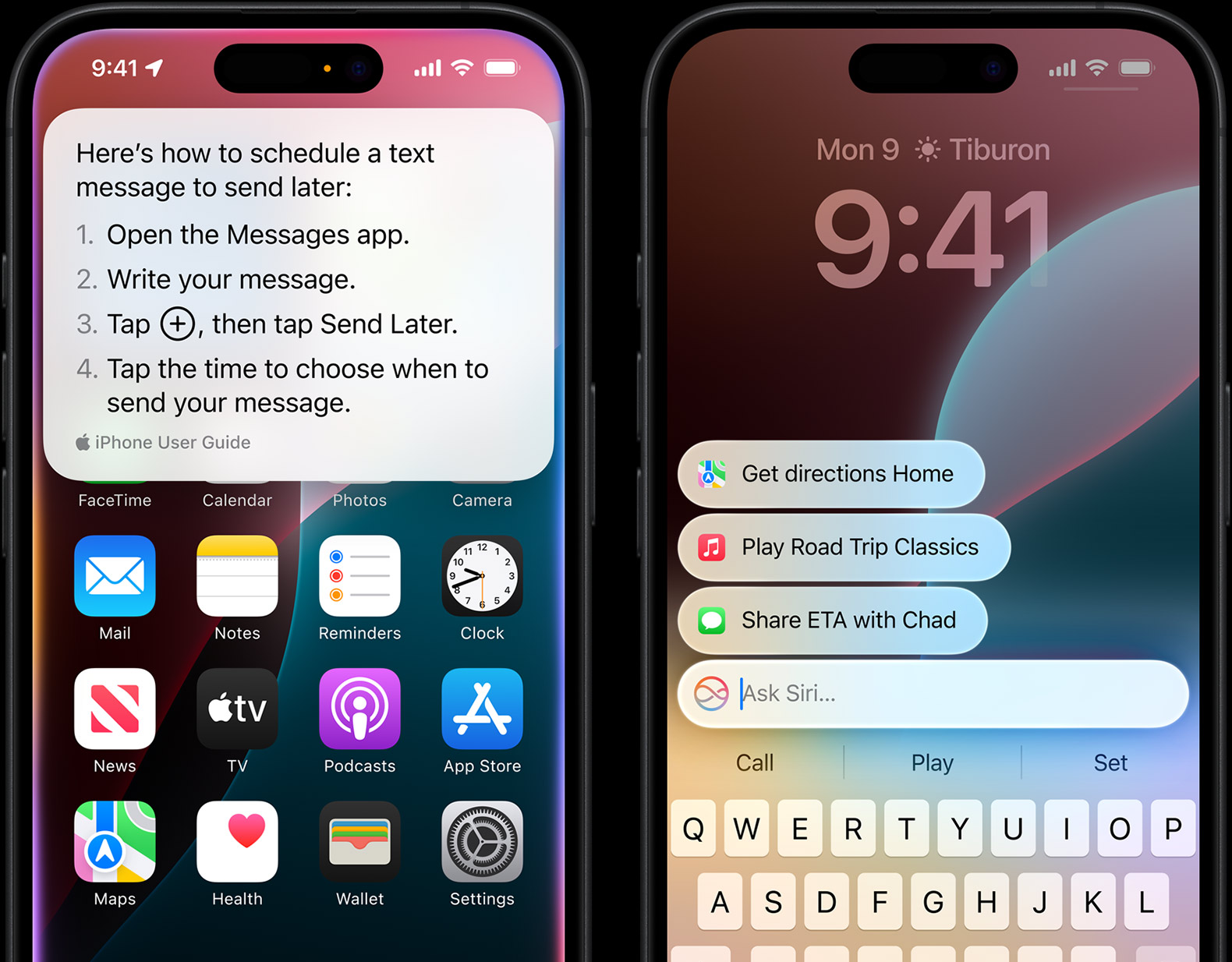Siri interface on iPhone showing AI-powered text scheduling and voice assistant suggestions under Apple Intelligence