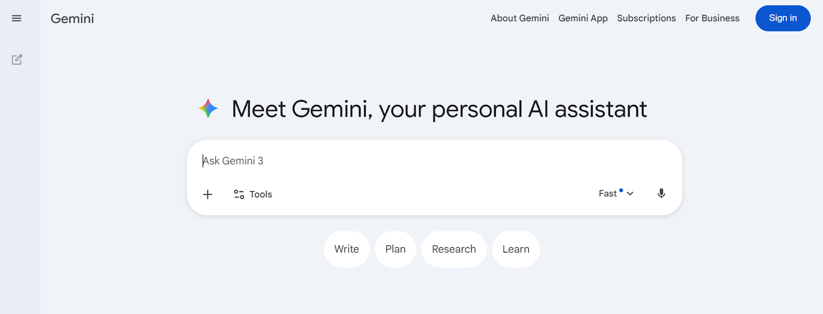 Google Gemini homepage showing the headline “Meet Gemini, your personal AI assistant.”