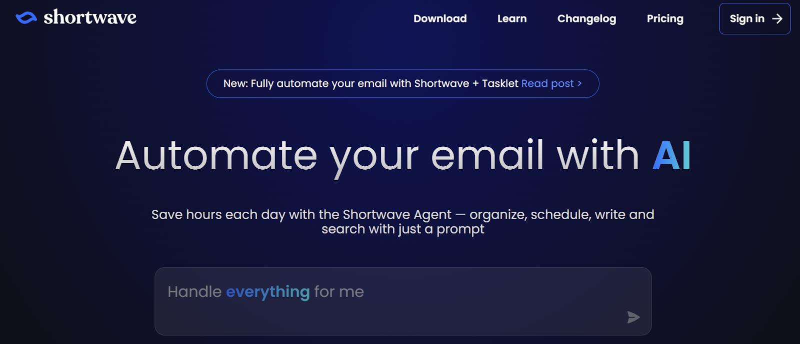 Shortwave homepage promoting AI-powered email automation and inbox management features 
