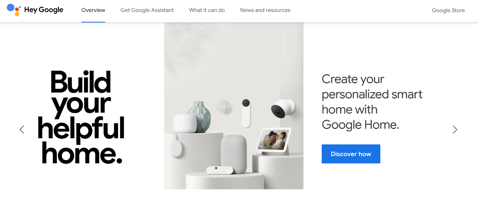  Google Assistant homepage displaying the headline “Build your helpful home” alongside smart home devices and a “Discover how” button