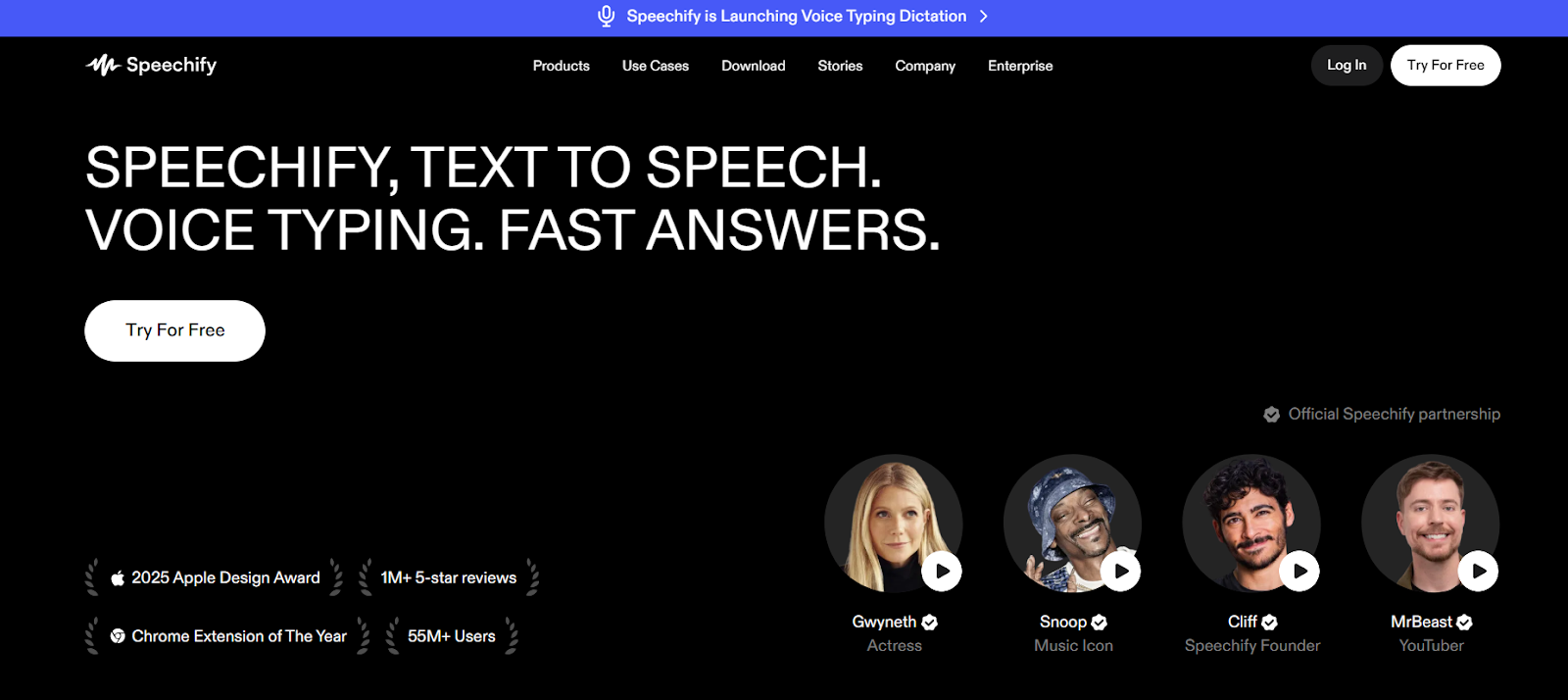 Speechify homepage highlighting text-to-speech, voice typing, and AI-powered reading features