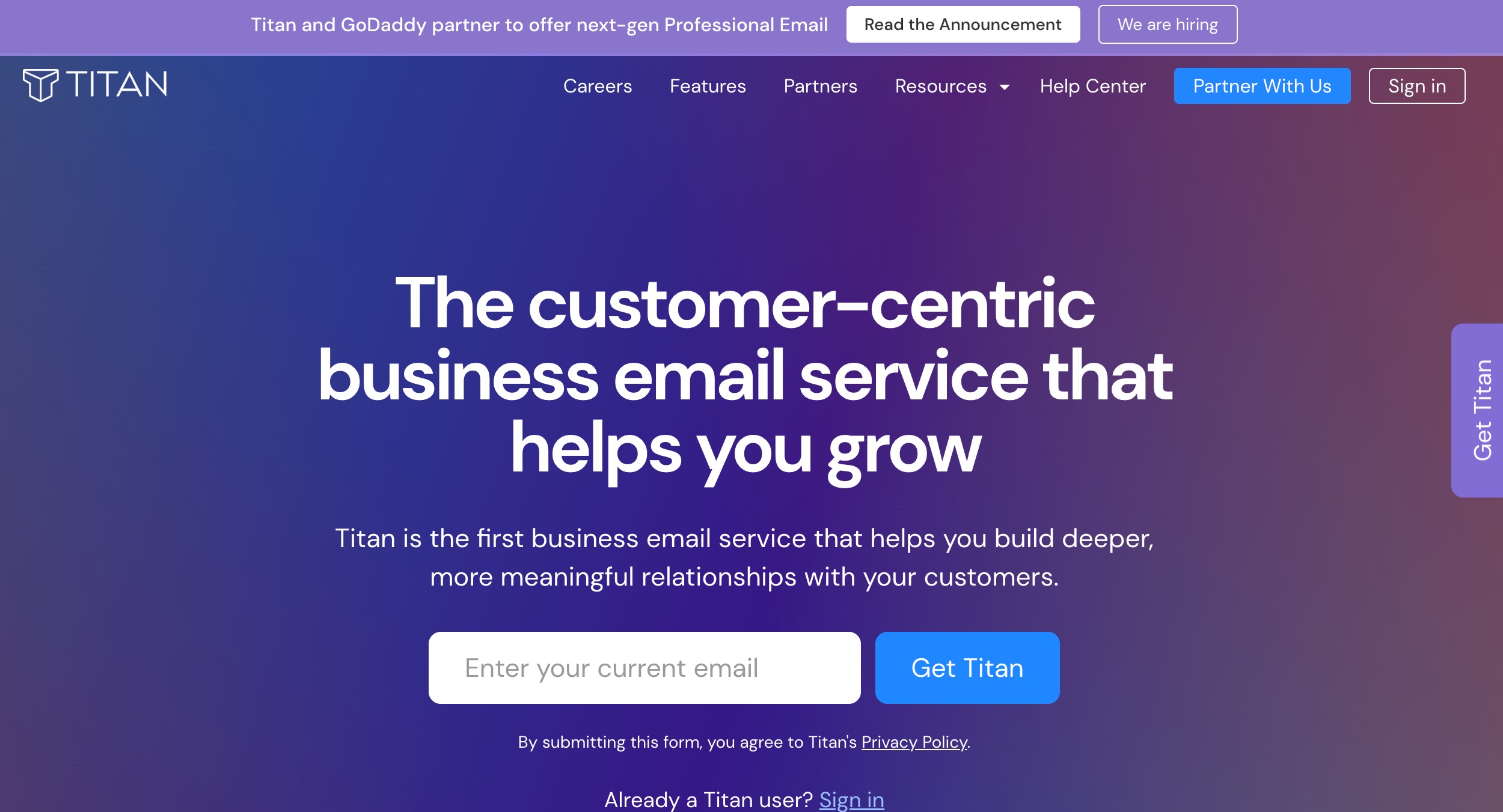 Titan email service home page