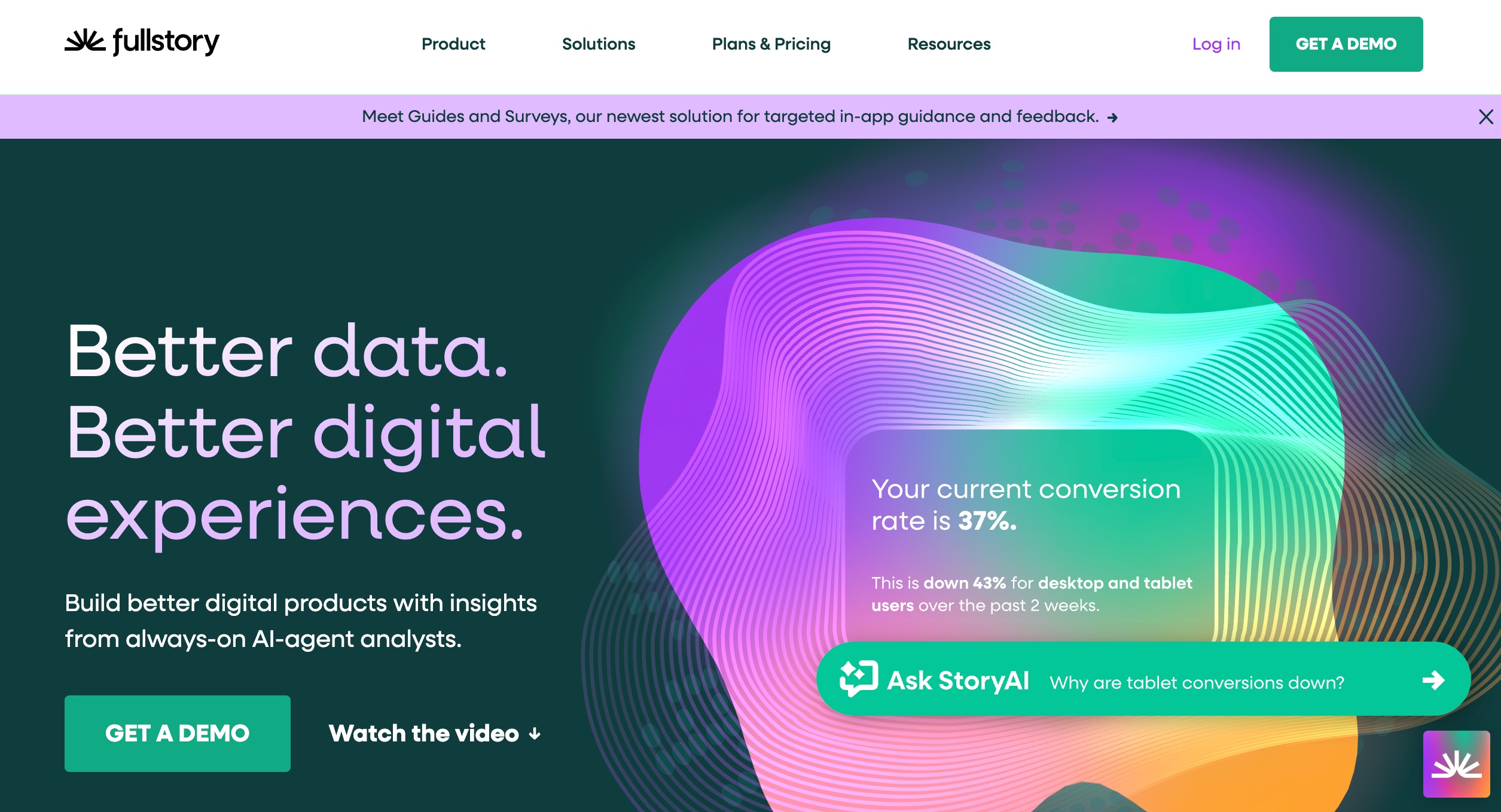 Fullstory -- a digital experience intelligence (DXI) platform homepage