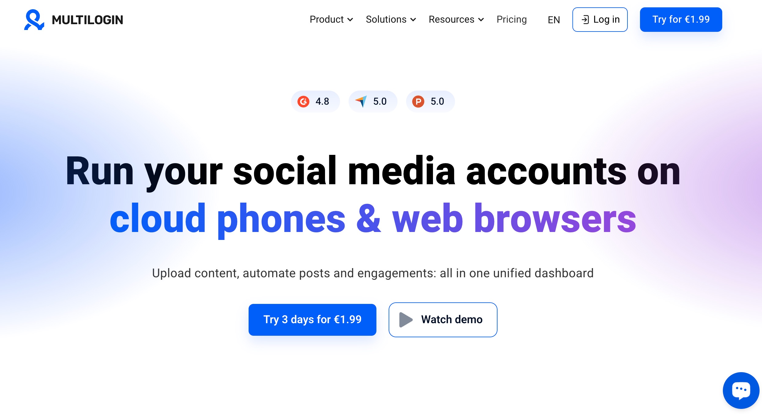 Multilogin social media management tool's home page