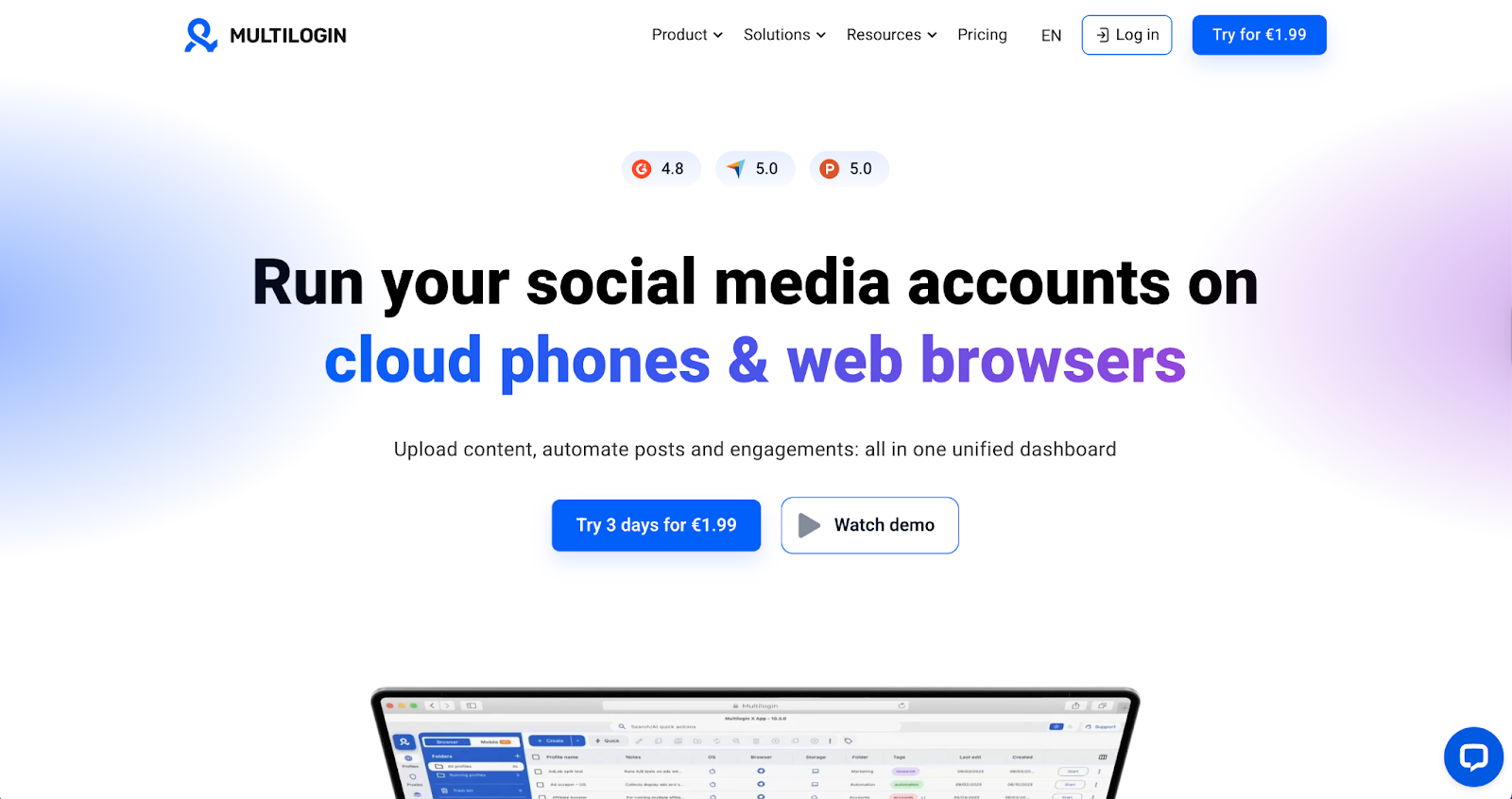 Multilogin-social media management tool's home screen