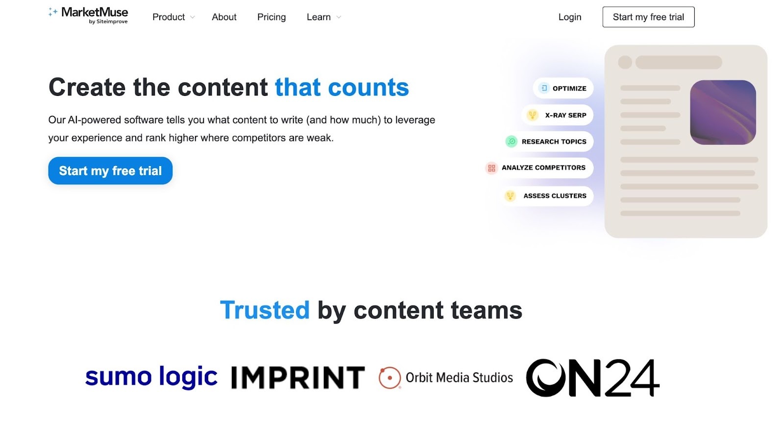 Best AI content optimization tools - MarketMuse home page