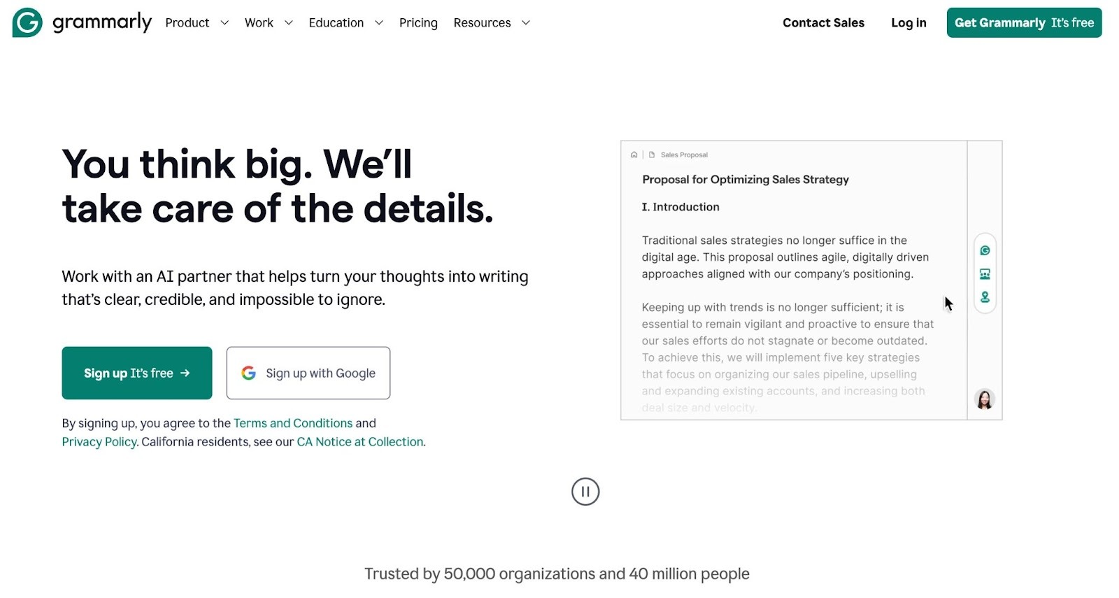 Best AI Marketing Tools - Grammarly hoe page