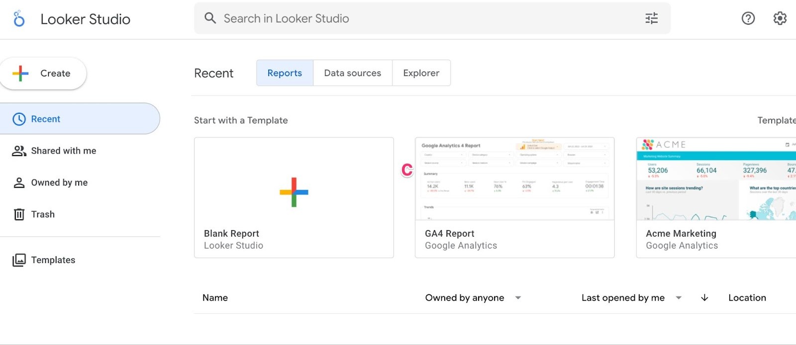 Looker Studio home page
