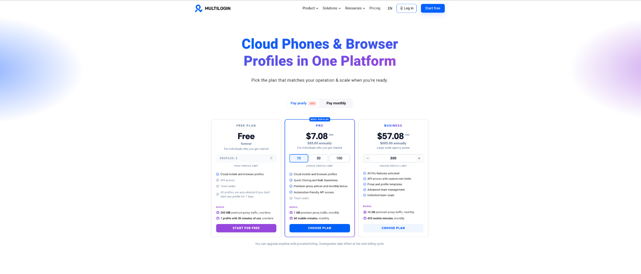 Multilogin pricing page with Free and paid plans