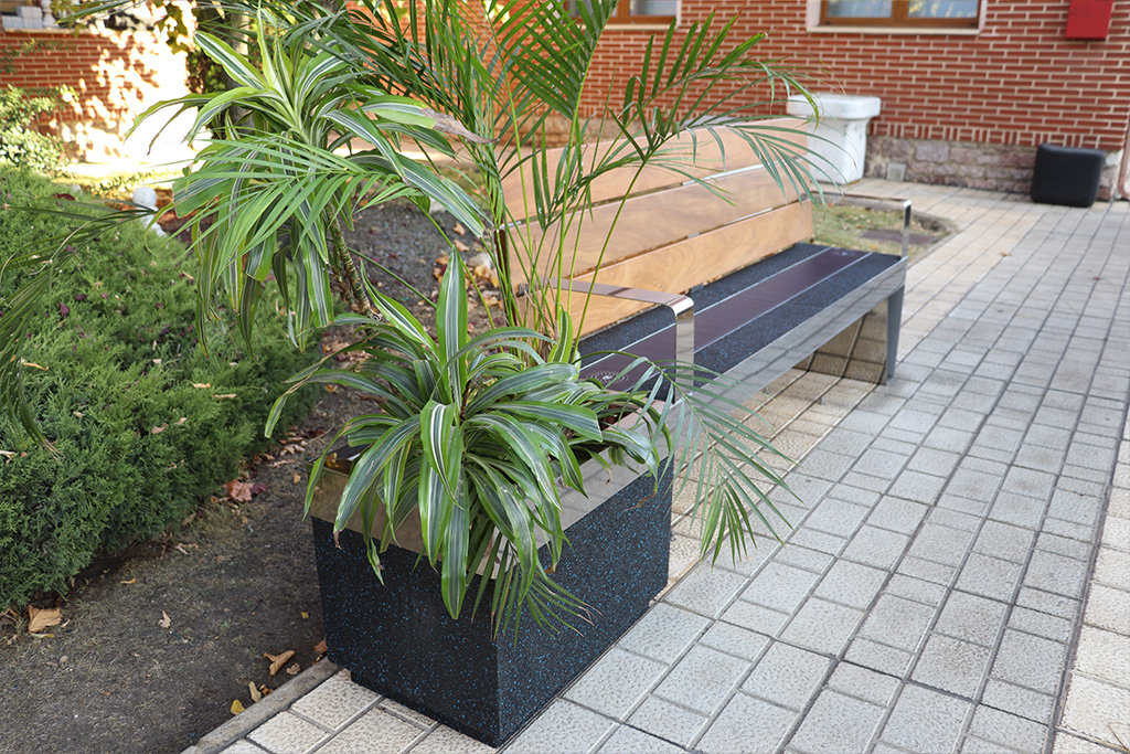 Plano del Banco Bridge con la jardinera llena de frondosas plantas.
