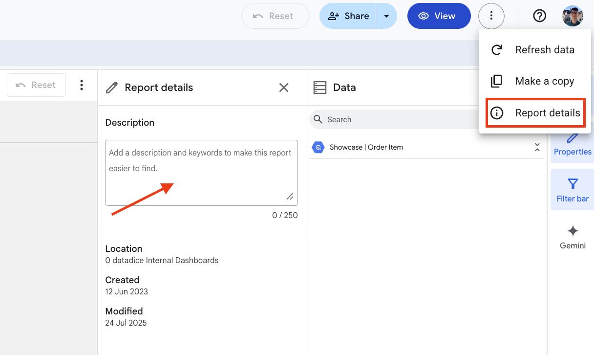 Add a report description