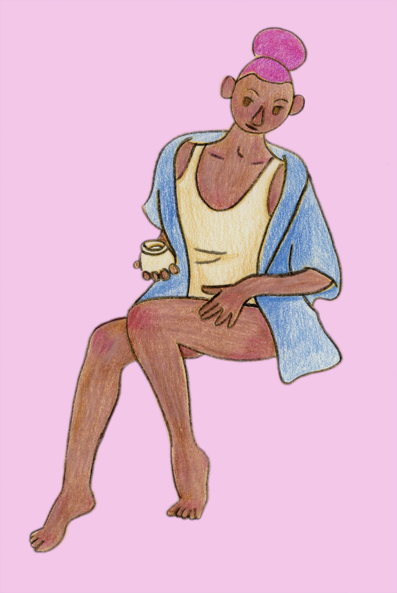 Une illustration colorée d'une personne transféminine qui applique du gel sur sa cuisse.