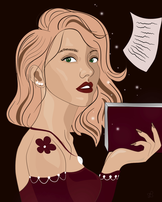 Illustration d'une femme tenant un livre sur des tons rouges