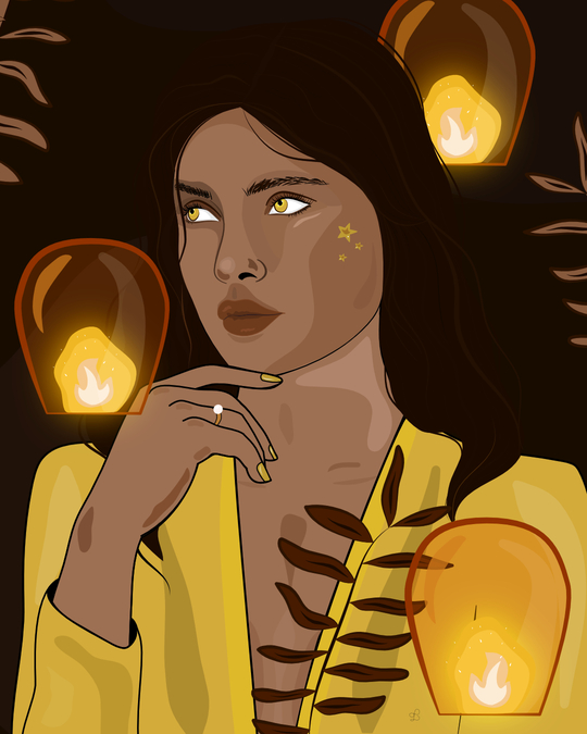 Illustration d'une femme avec des lanternes sur des tons jaunes et marrons