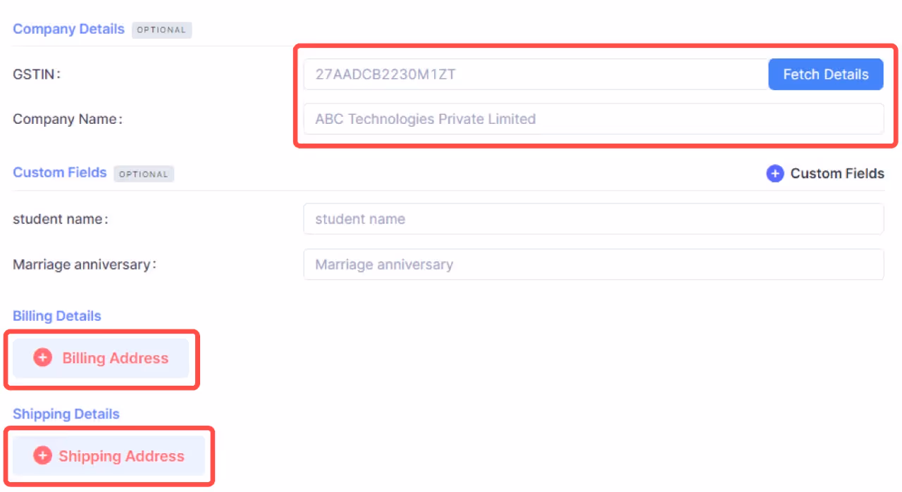 add customers billing details