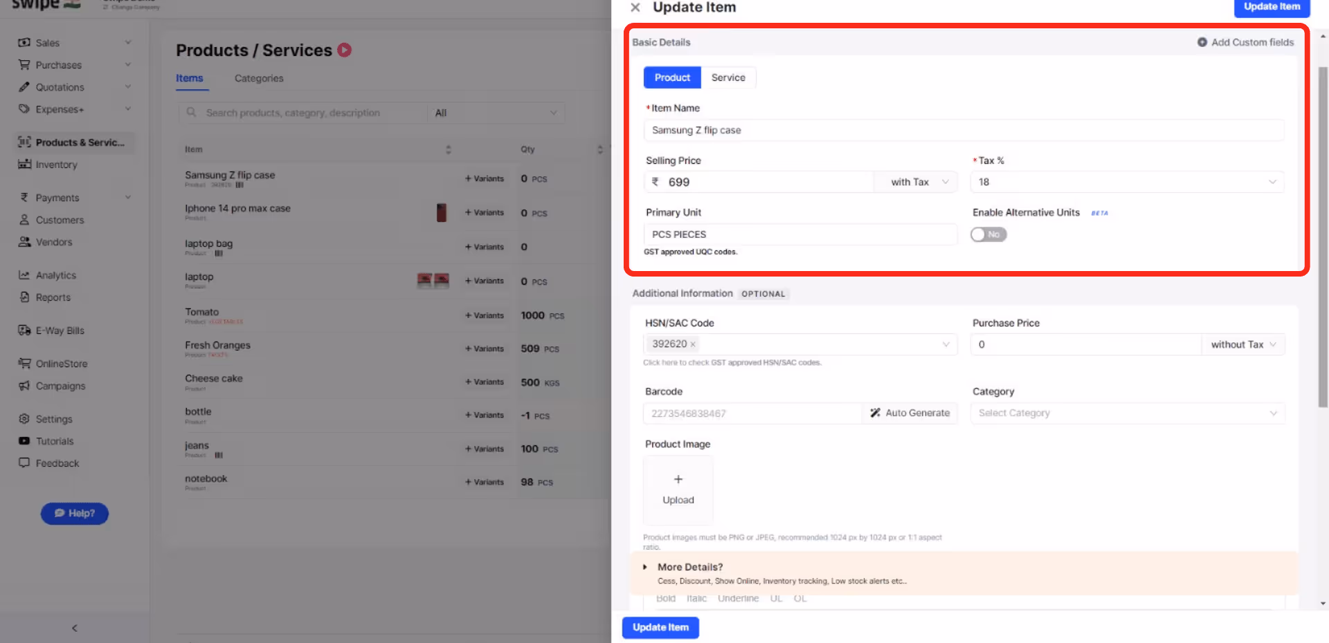 Fill in the necessary product details 
