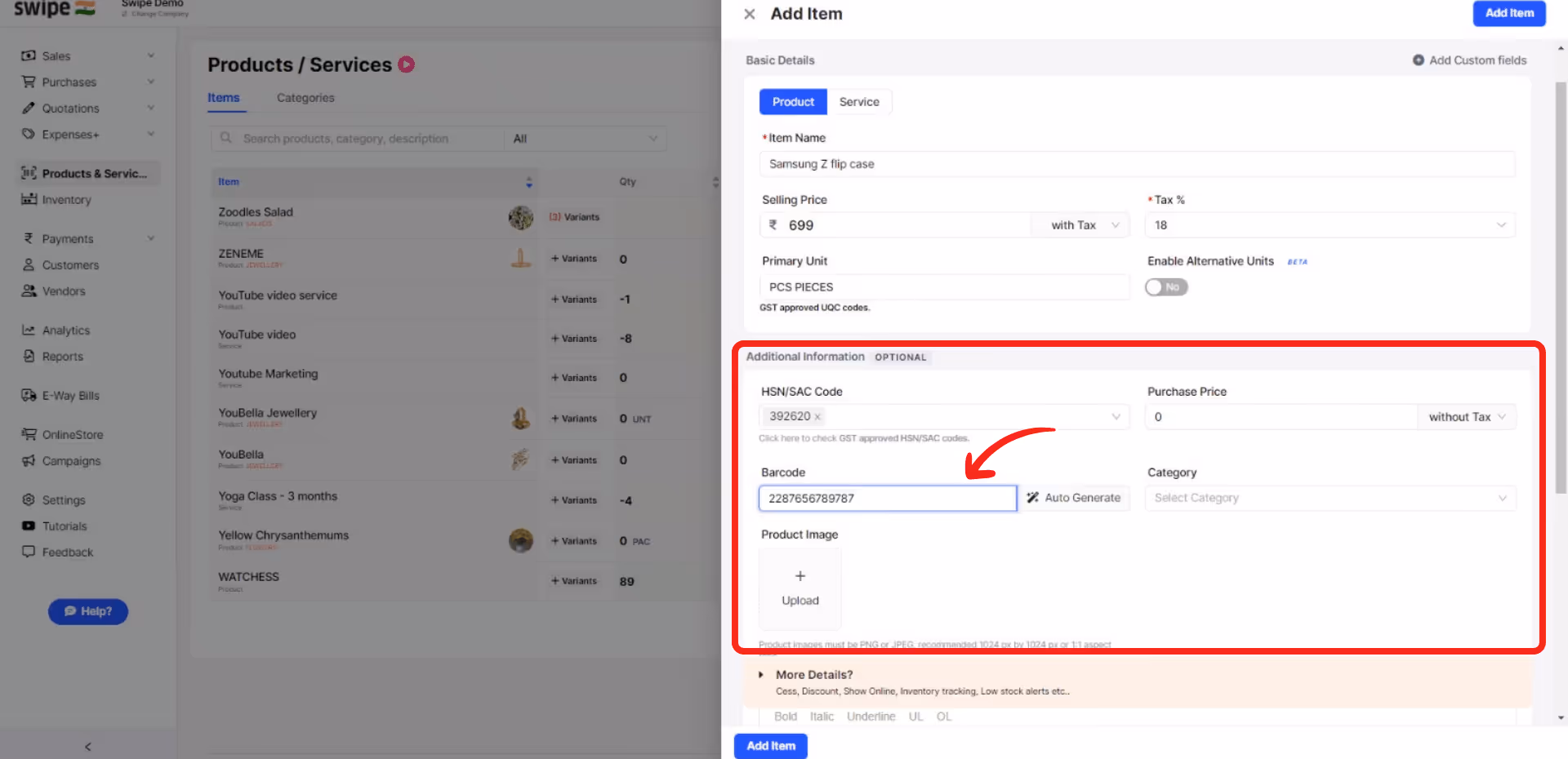 add or generate barcode to the product 