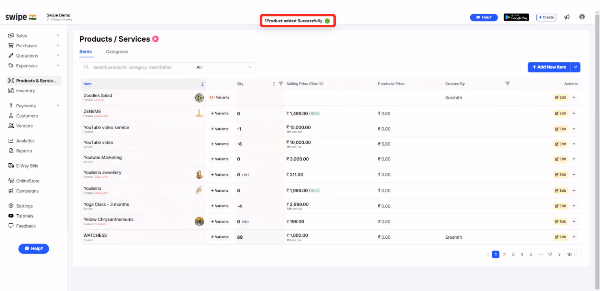 Product with an barcode added successfully 