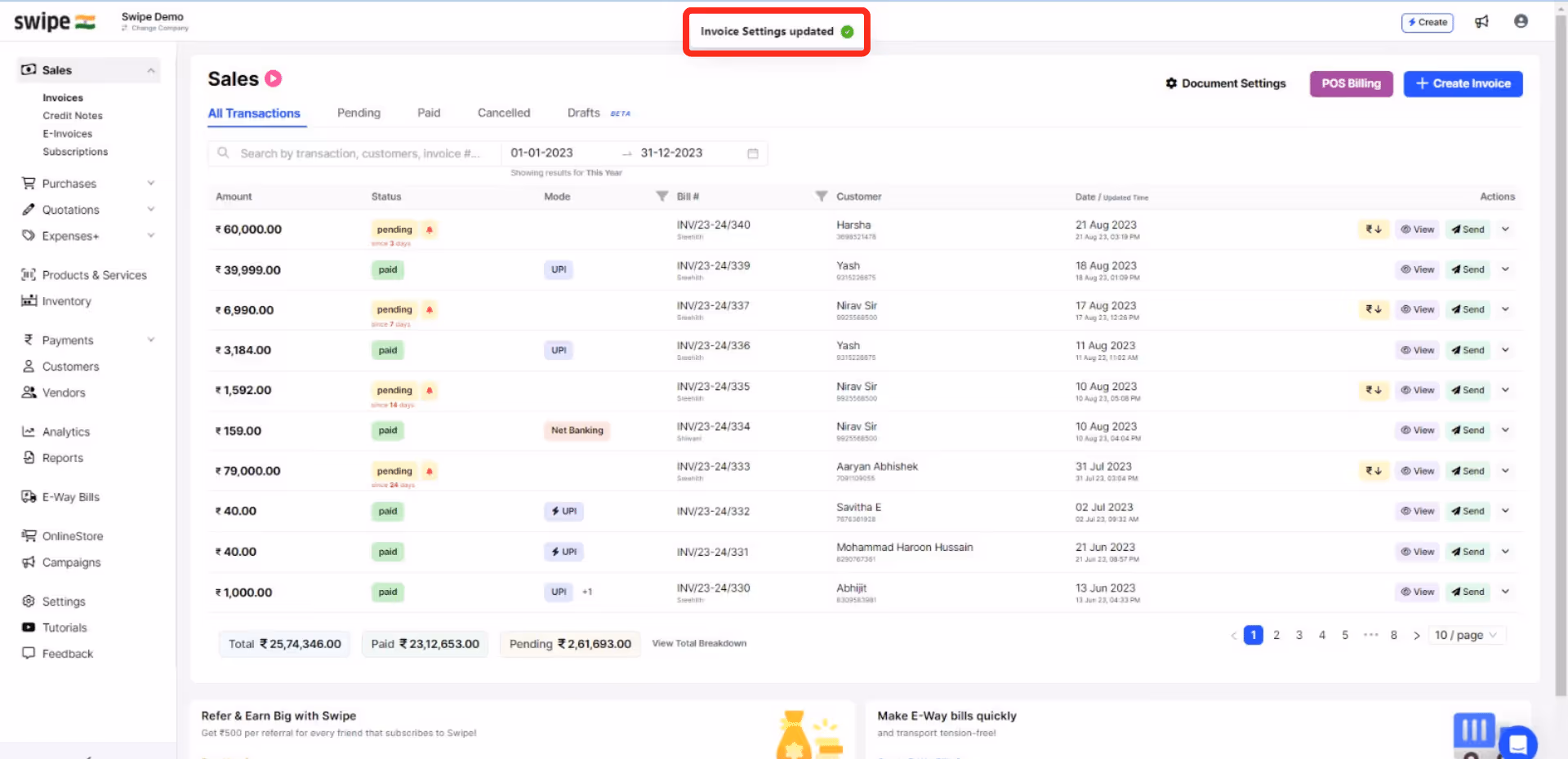 invoice settings updated