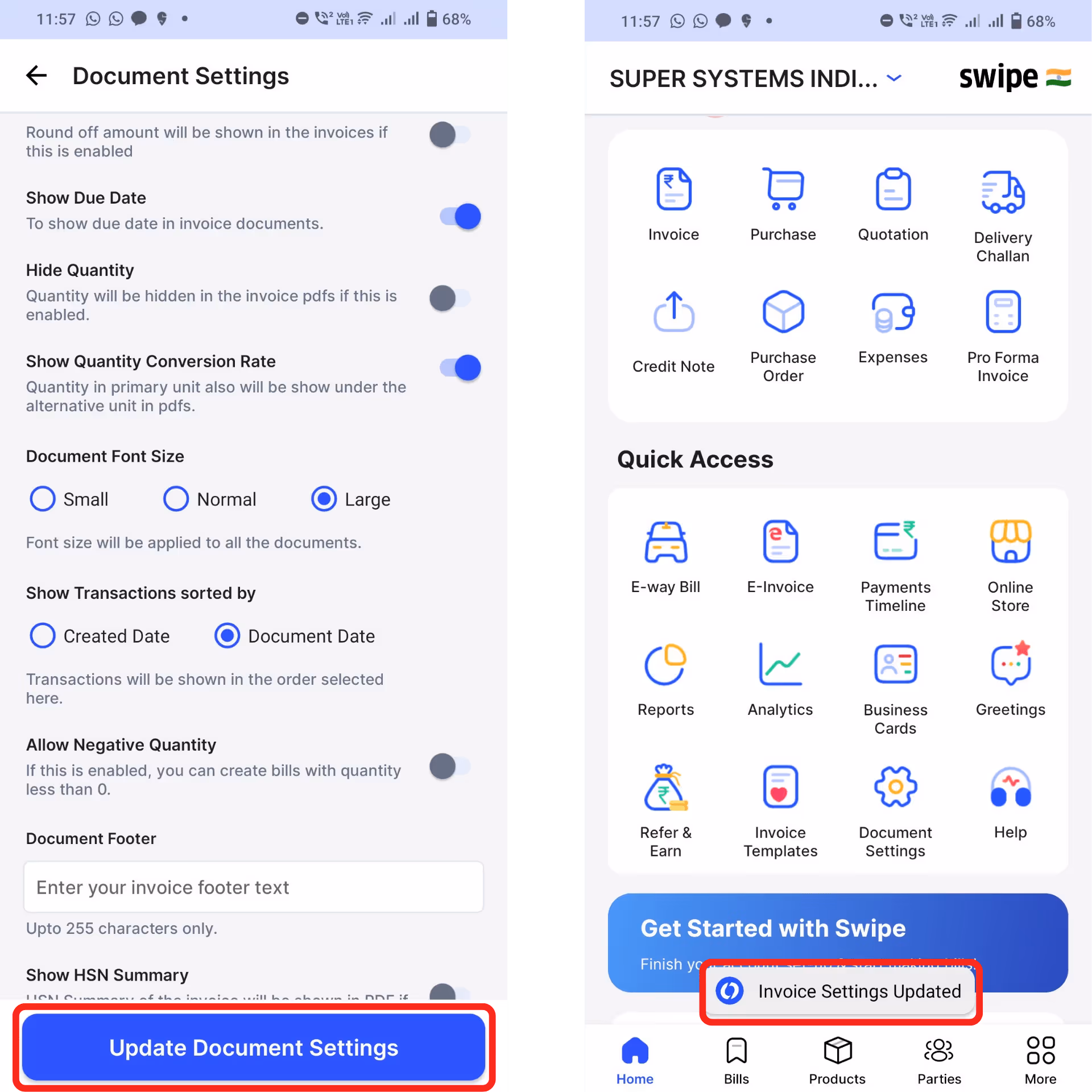 document settings updated