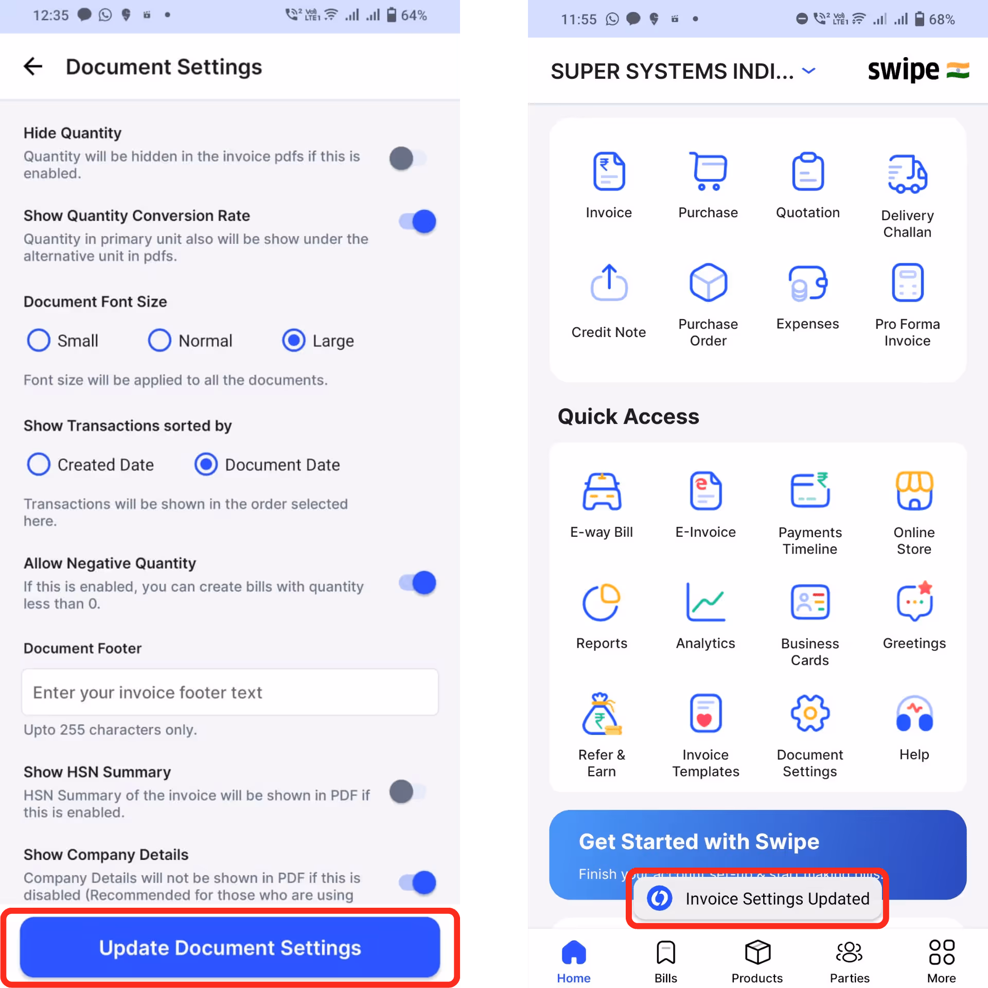 document settings updated