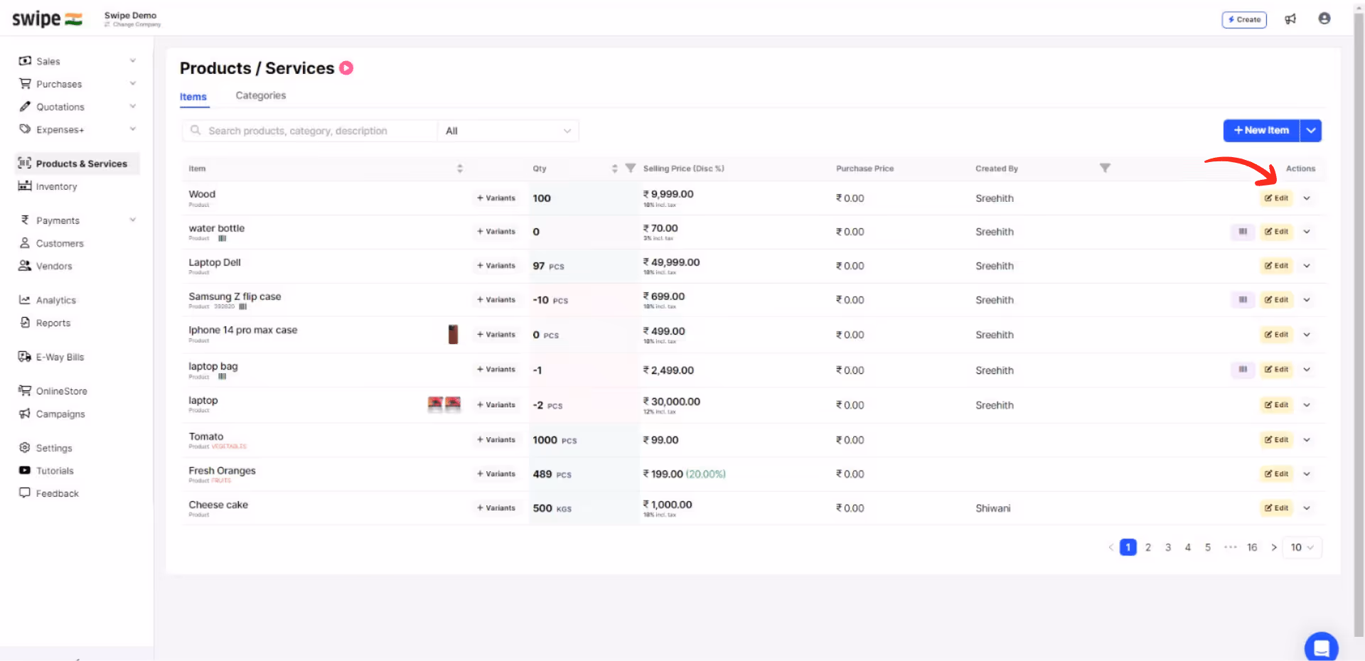 click on product edit column