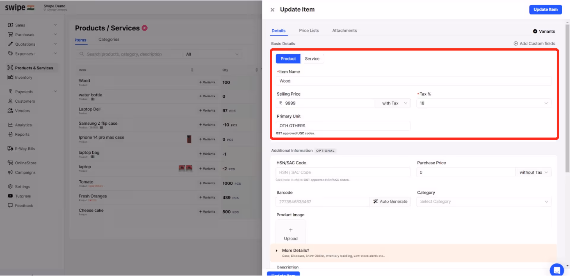 edit the product details