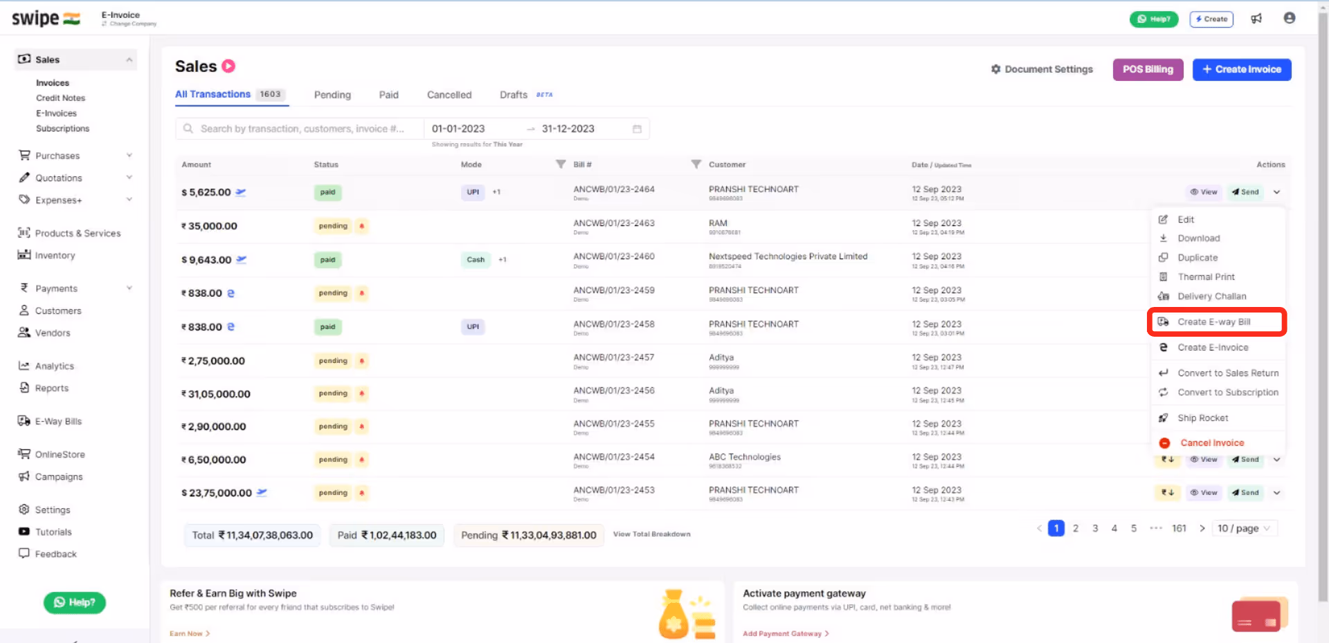 select e way bill option